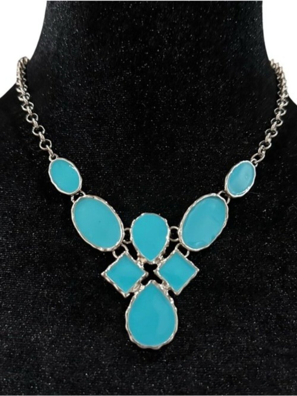Bib Necklace Blue Silver Tone Adjustable Length Women Casual Jewelry